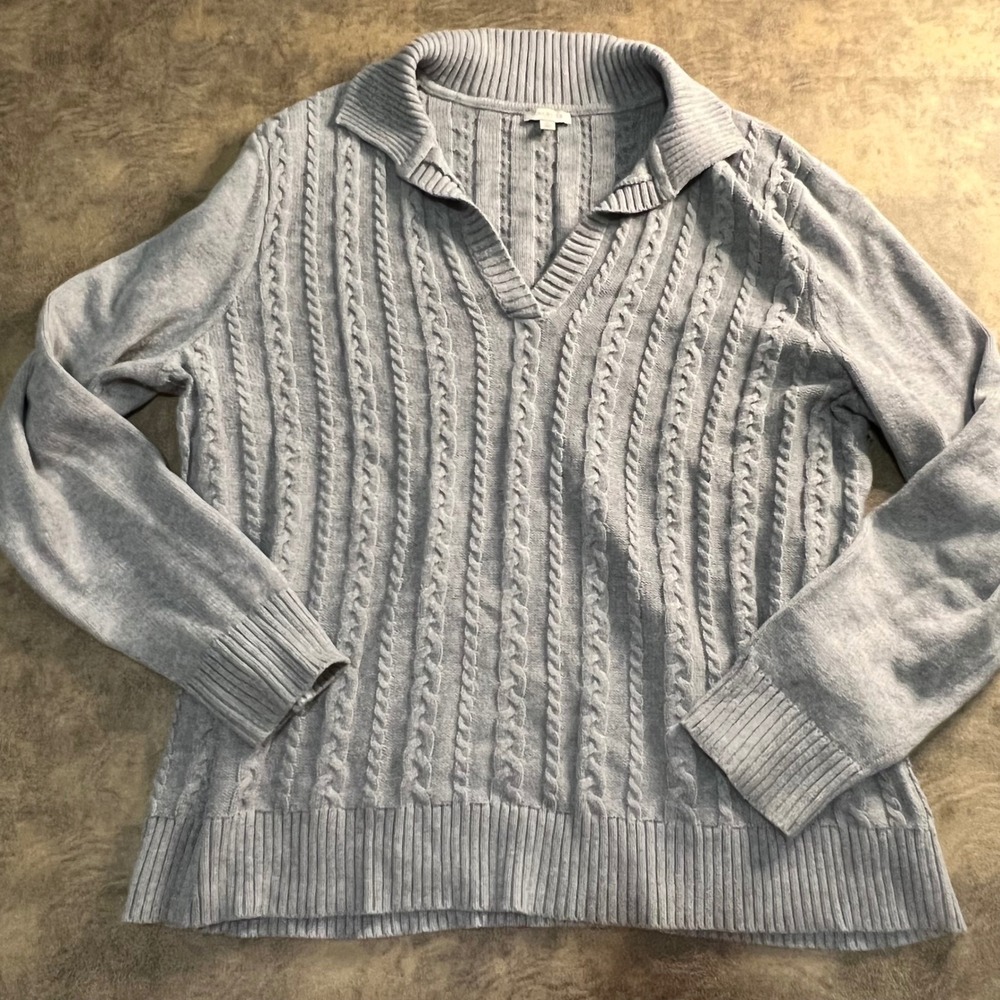 Talbots Cable Knit‎ Sweater Womens XL Grey Cotton Polo Collar Pullover 4159
